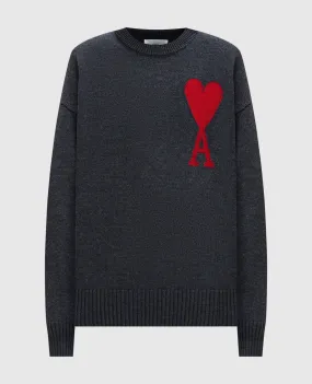 Ami Paris Gray wool jumper with Ami de Coeur pattern