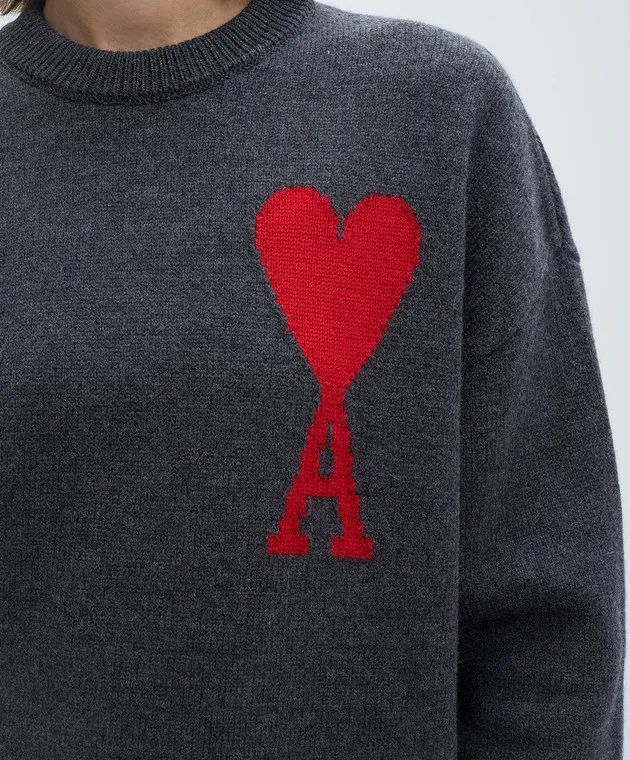 Ami Paris Gray wool jumper with Ami de Coeur pattern