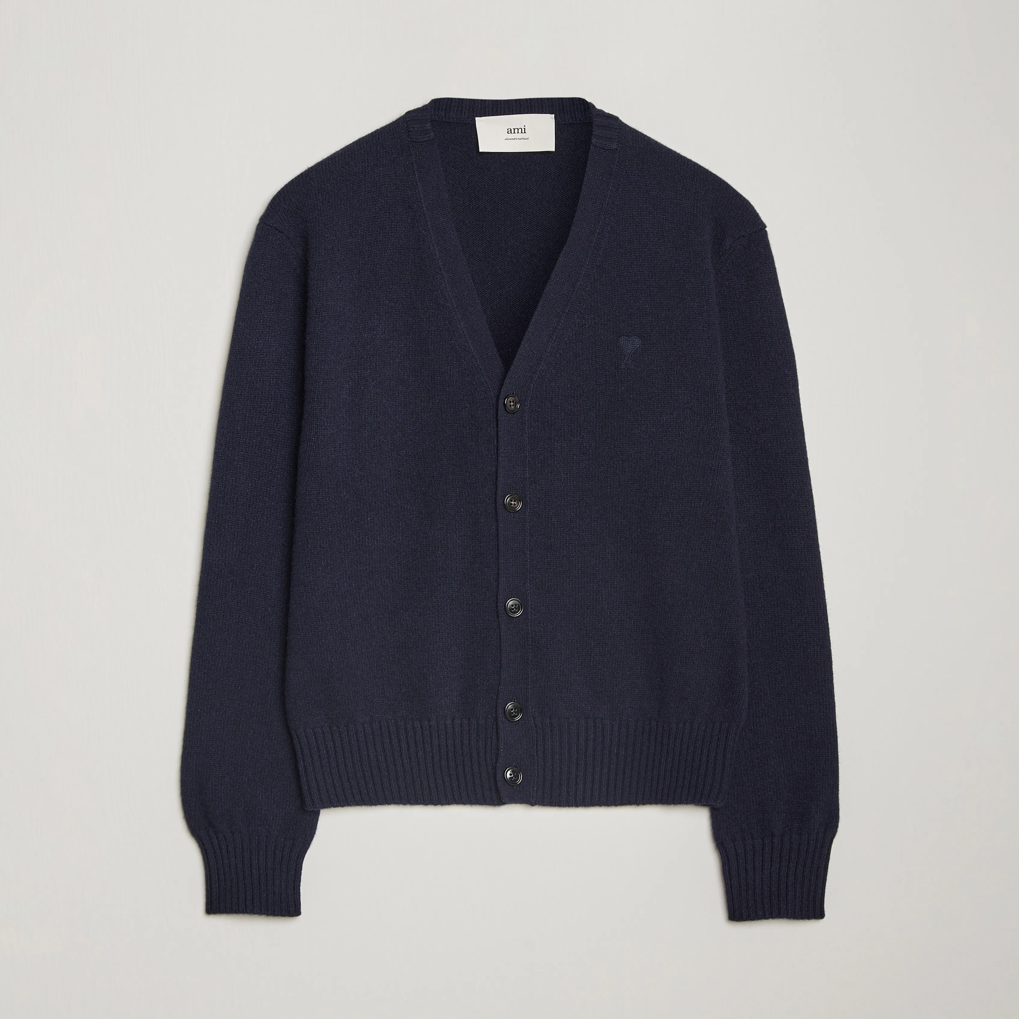 AMI Tonal Heart Logo Wool Cardigan Navy