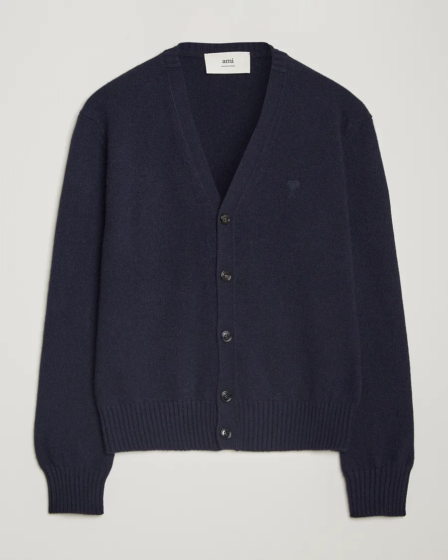 AMI Tonal Heart Logo Wool Cardigan Navy