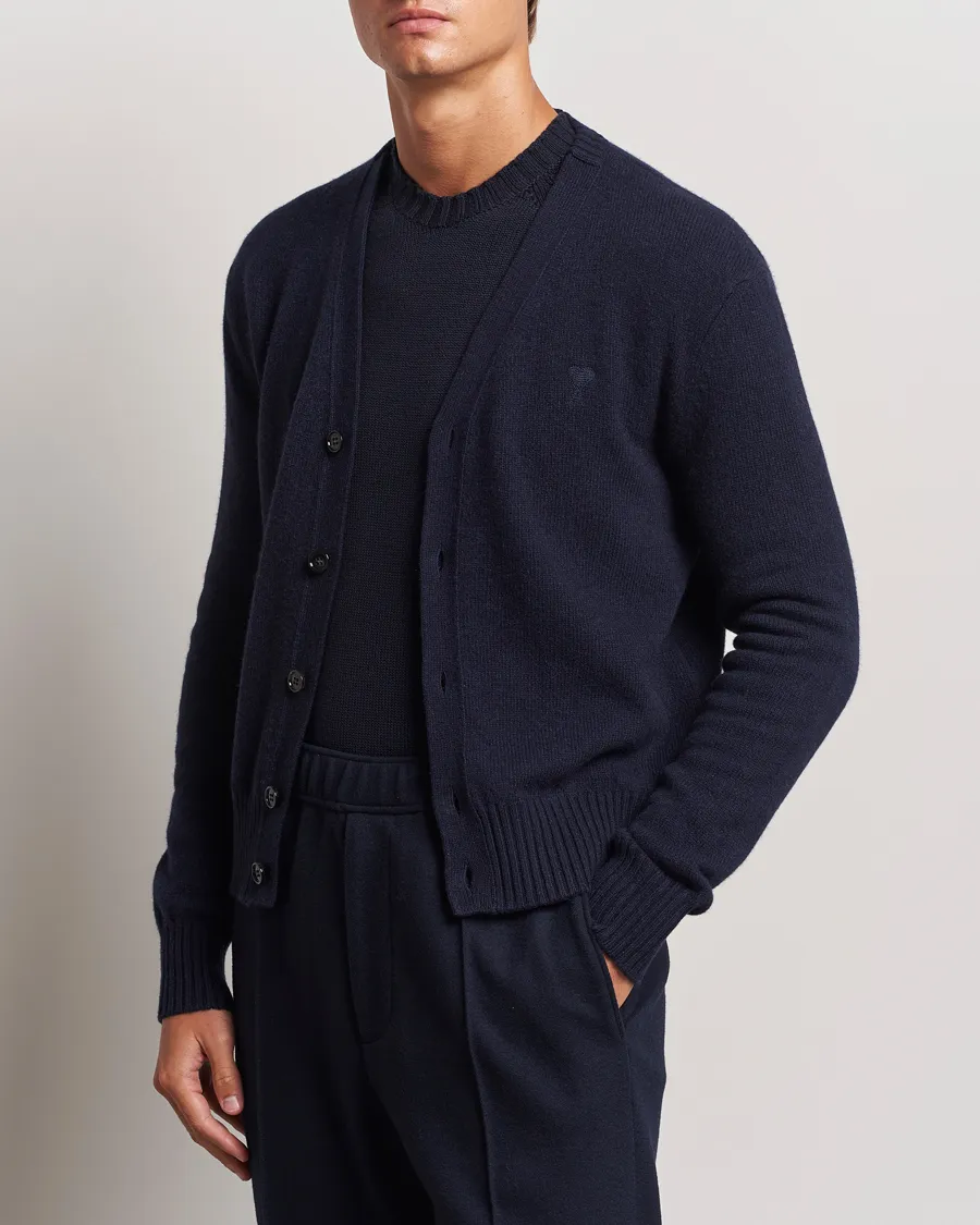 AMI Tonal Heart Logo Wool Cardigan Navy