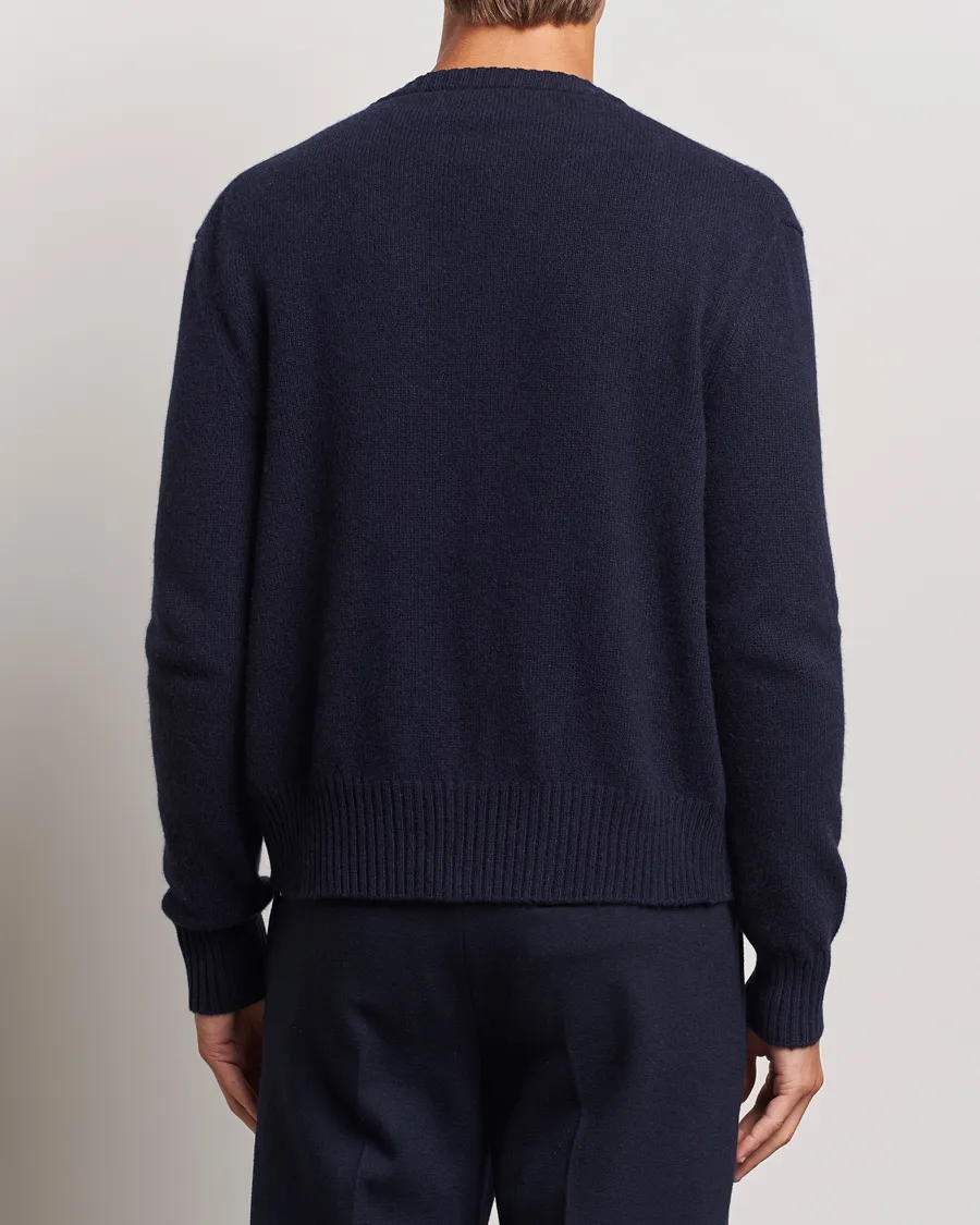 AMI Tonal Heart Logo Wool Cardigan Navy