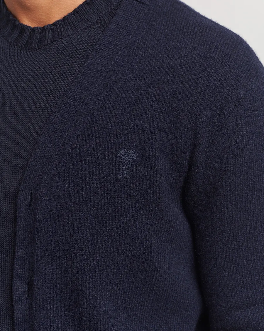 AMI Tonal Heart Logo Wool Cardigan Navy