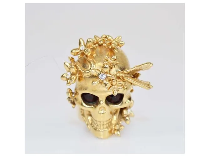 Anillo de calavera en tono dorado con mariposa y flor Alexander McQueen Talla 56 