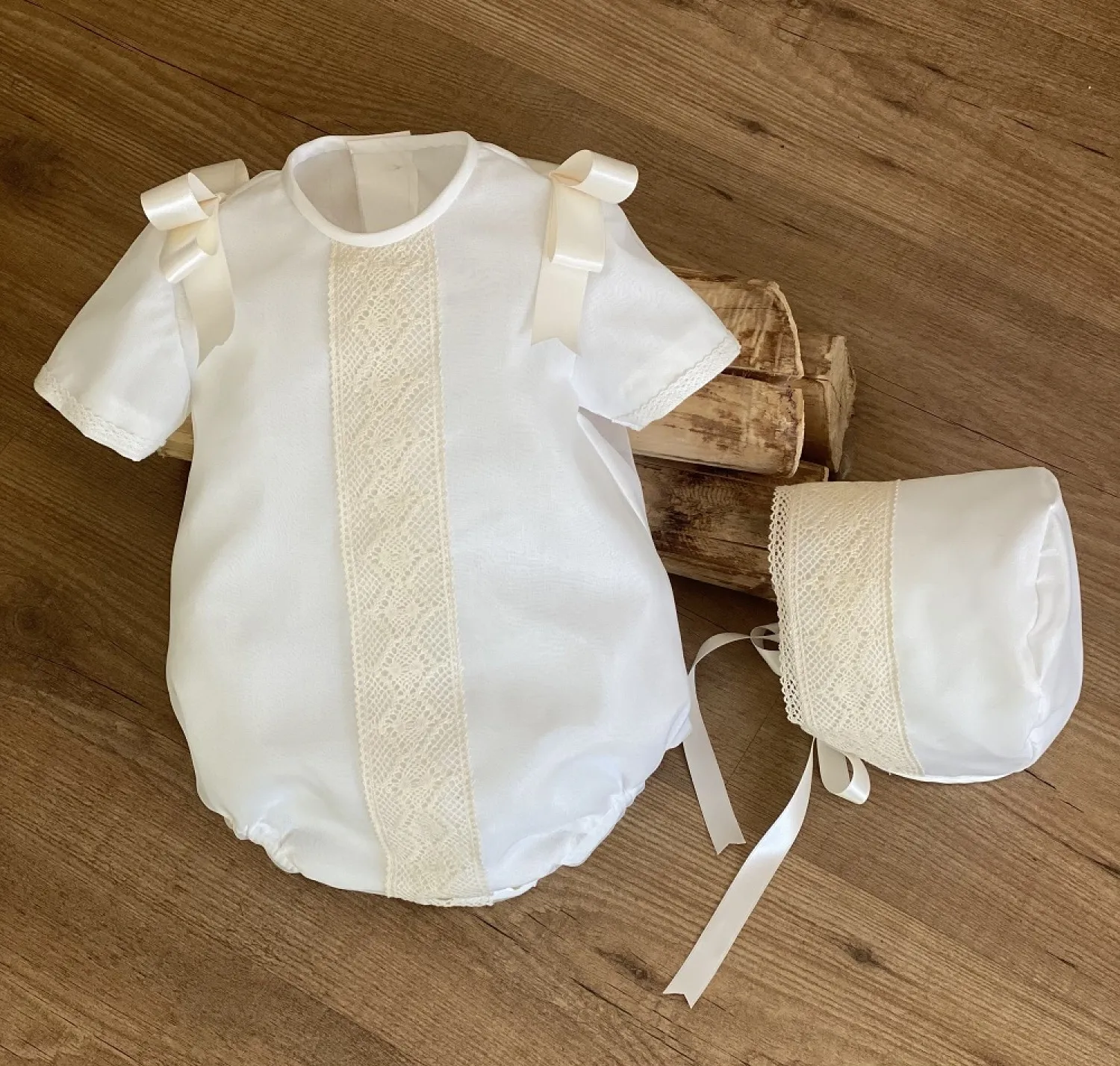 Beige Organza romper and hood with inserts. Handmade