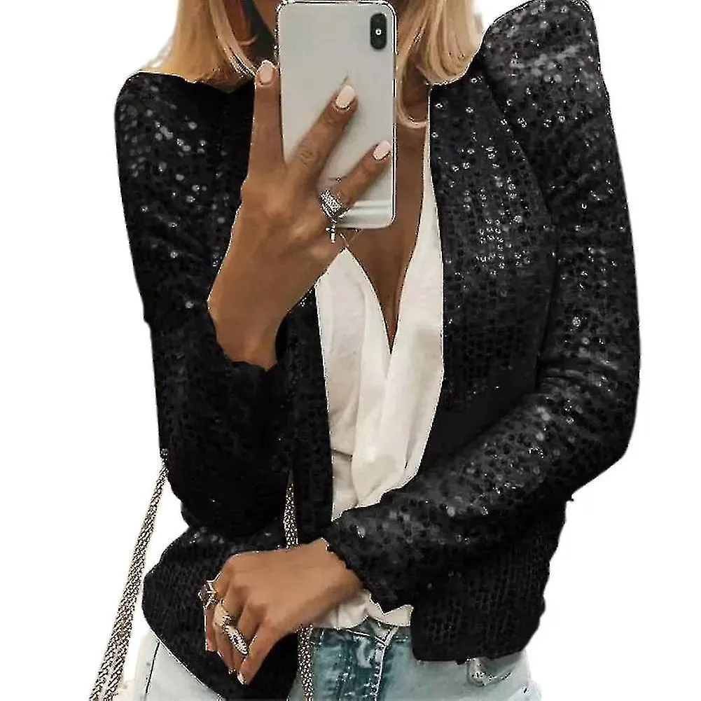 Chaqueta de lentejuelas de mujer Frente abierto Casual Manga larga Cardigan Abrigo Sin cuello Glitter Chaqueta corta