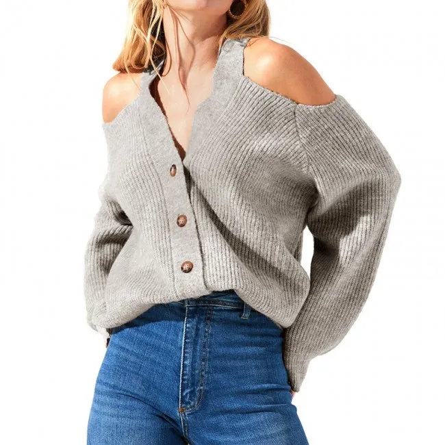 Cold Shoulder Sweater Fall Knit Pullover Tops Deep V Cardigan Long Sleeve Outwear Women's Sweater