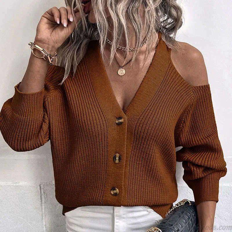 Cold Shoulder Sweater Fall Knit Pullover Tops Deep V Cardigan Long Sleeve Outwear Women's Sweater