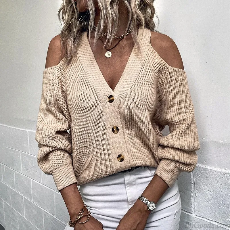 Cold Shoulder Sweater Fall Knit Pullover Tops Deep V Cardigan Long Sleeve Outwear Women's Sweater