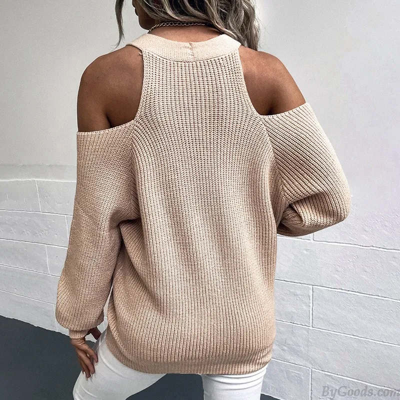 Cold Shoulder Sweater Fall Knit Pullover Tops Deep V Cardigan Long Sleeve Outwear Women's Sweater