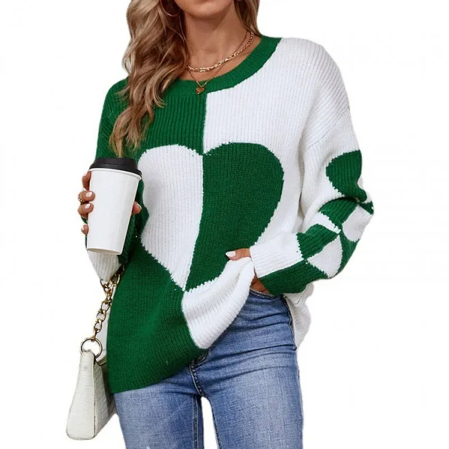 Crewneck Color Block Love Heart Cardigan Long Sleeve Sweatershirt Knit Pullover Tops Women's Sweater 