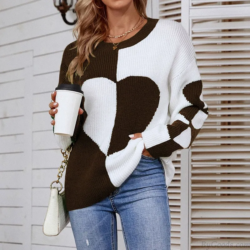 Crewneck Color Block Love Heart Cardigan Long Sleeve Sweatershirt Knit Pullover Tops Women's Sweater 