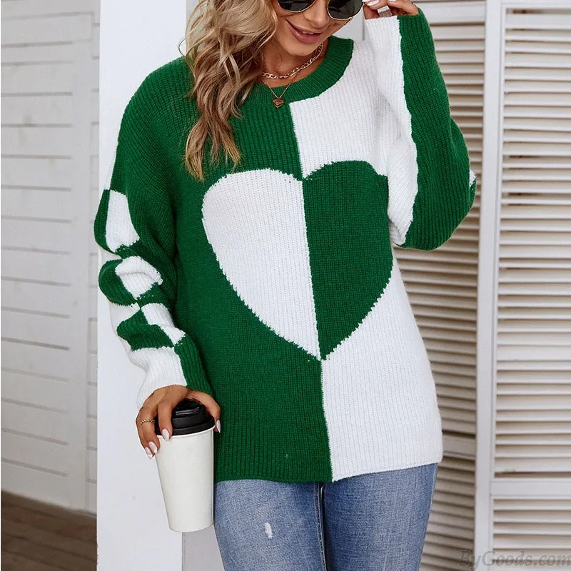 Crewneck Color Block Love Heart Cardigan Long Sleeve Sweatershirt Knit Pullover Tops Women's Sweater 