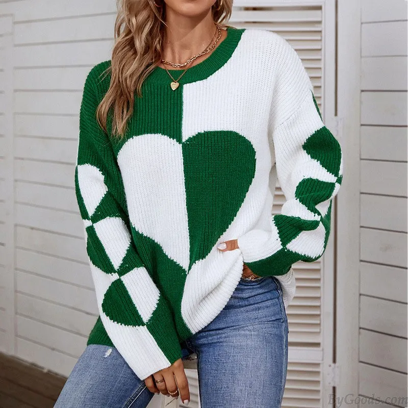 Crewneck Color Block Love Heart Cardigan Long Sleeve Sweatershirt Knit Pullover Tops Women's Sweater 