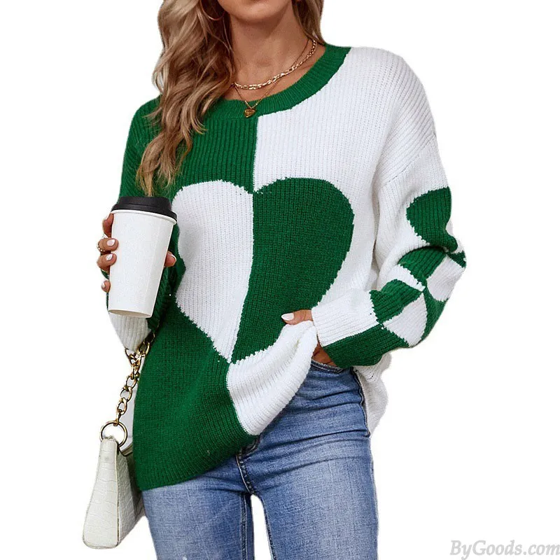 Crewneck Color Block Love Heart Cardigan Long Sleeve Sweatershirt Knit Pullover Tops Women's Sweater 