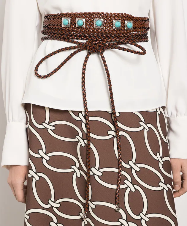 Etro Crown Me brown leather braided belt