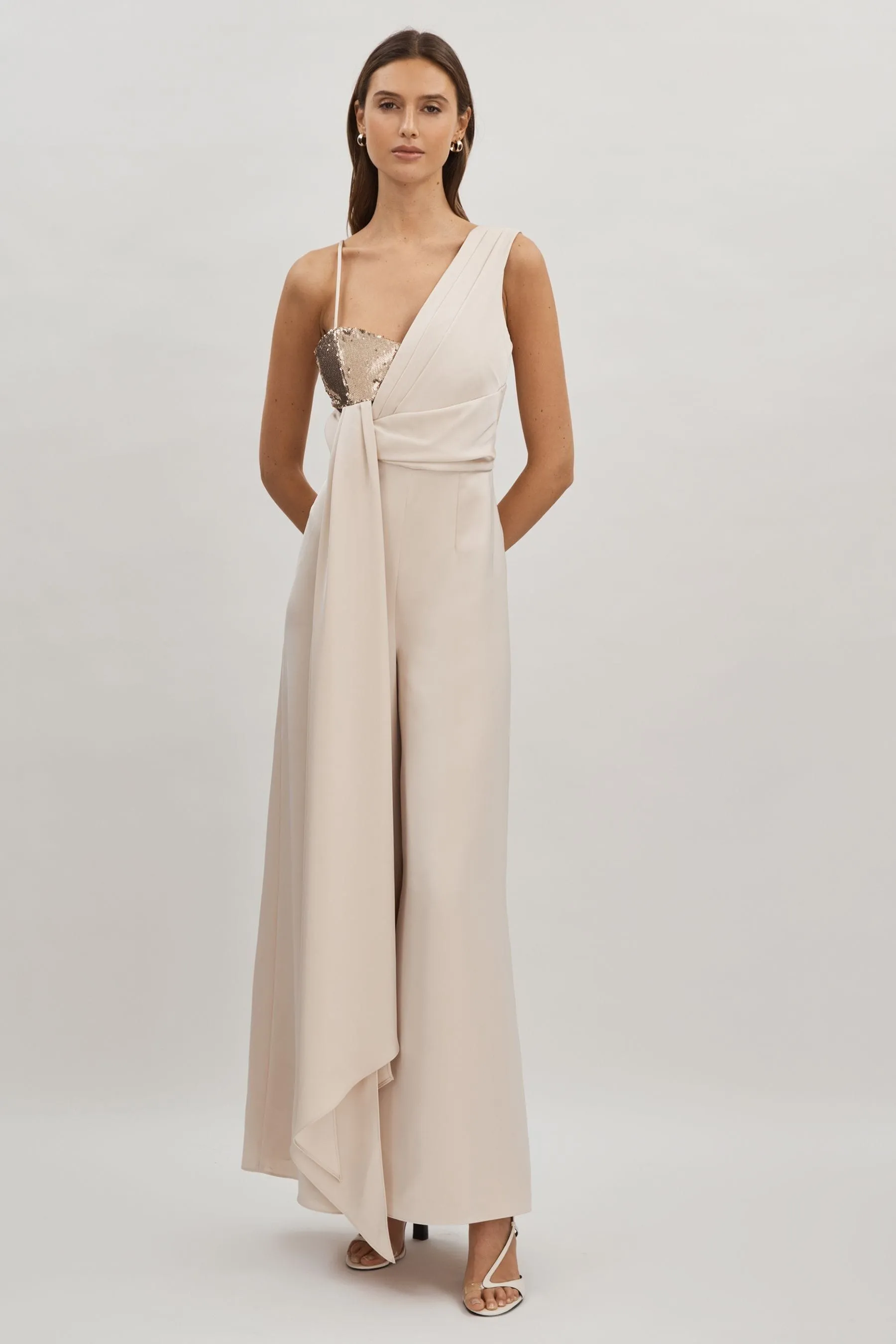 Halston Satin Sequin Wide Leg Jumpsuit