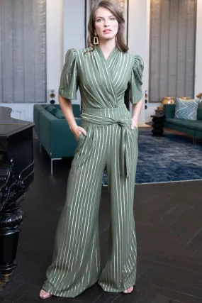 Hot Squash Green Wide Leg Gold Stripe Jumpsuit