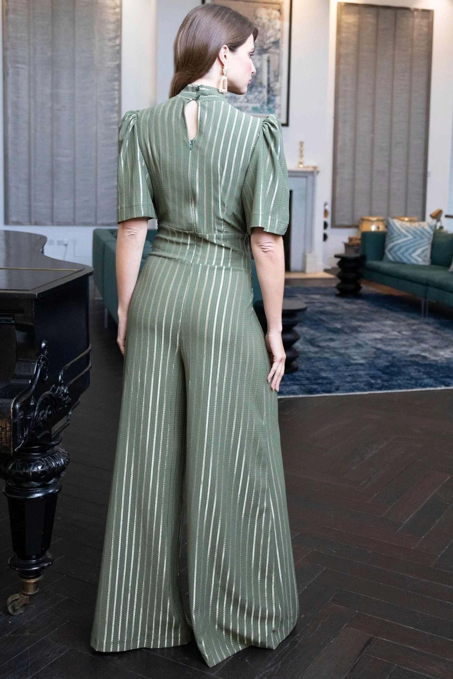 Hot Squash Green Wide Leg Gold Stripe Jumpsuit