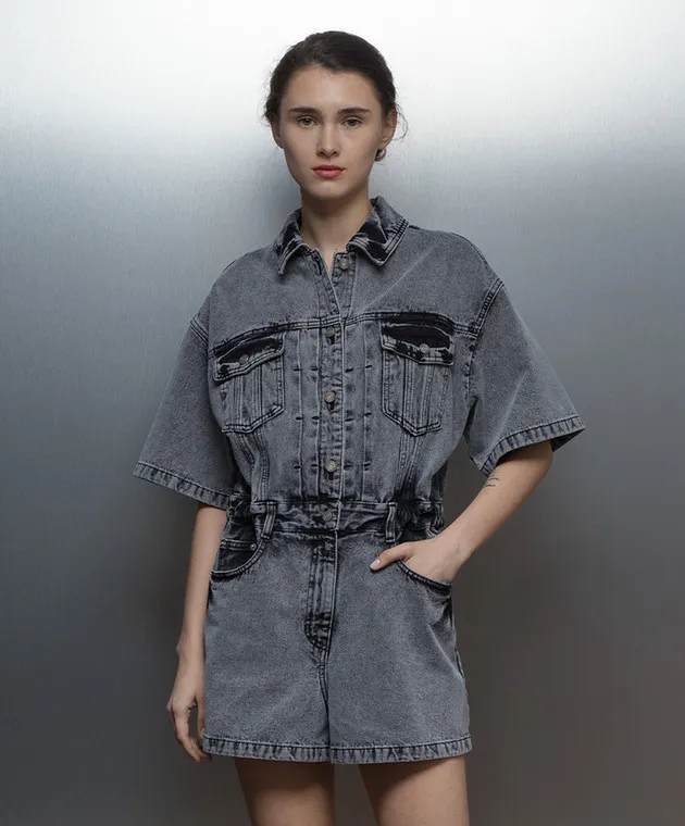 Juun.j Gray denim jumpsuit with logo embroidery