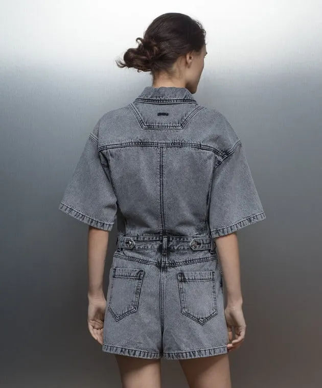 Juun.j Gray denim jumpsuit with logo embroidery