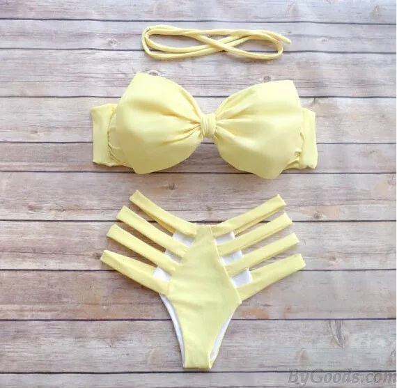 Lemon Yellow Bow Hollow Sexy Tie Bikini