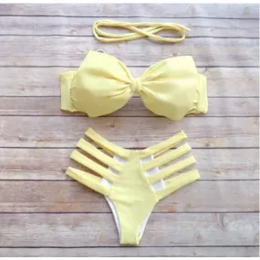 Lemon Yellow Bow Hollow Sexy Tie Bikini