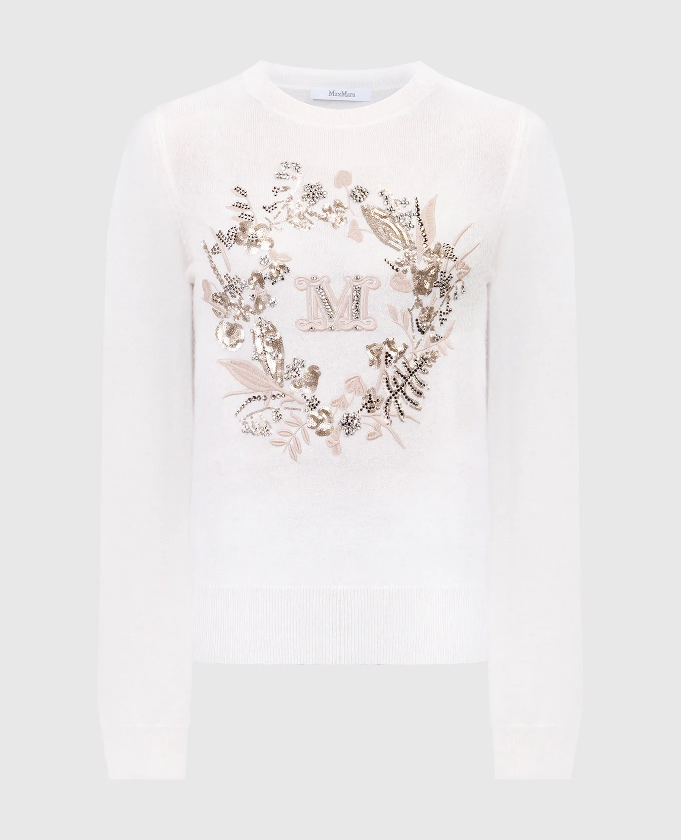 Max Mara Bari beige wool and cashmere jumper with embroidery