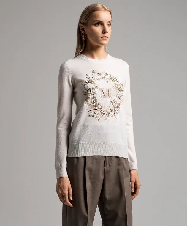 Max Mara Bari beige wool and cashmere jumper with embroidery