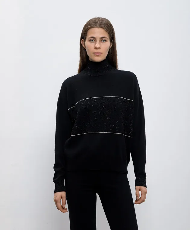 Peserico Black wool, silk and cashmere jumper with monil chain