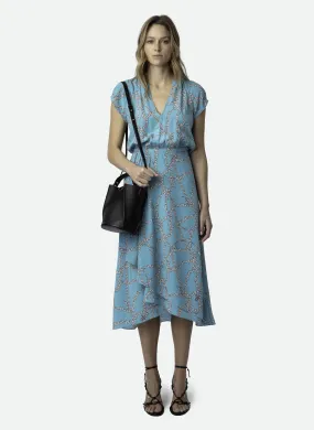 RANDALL - Vestido midi estampado con cuello en V de seda en azul