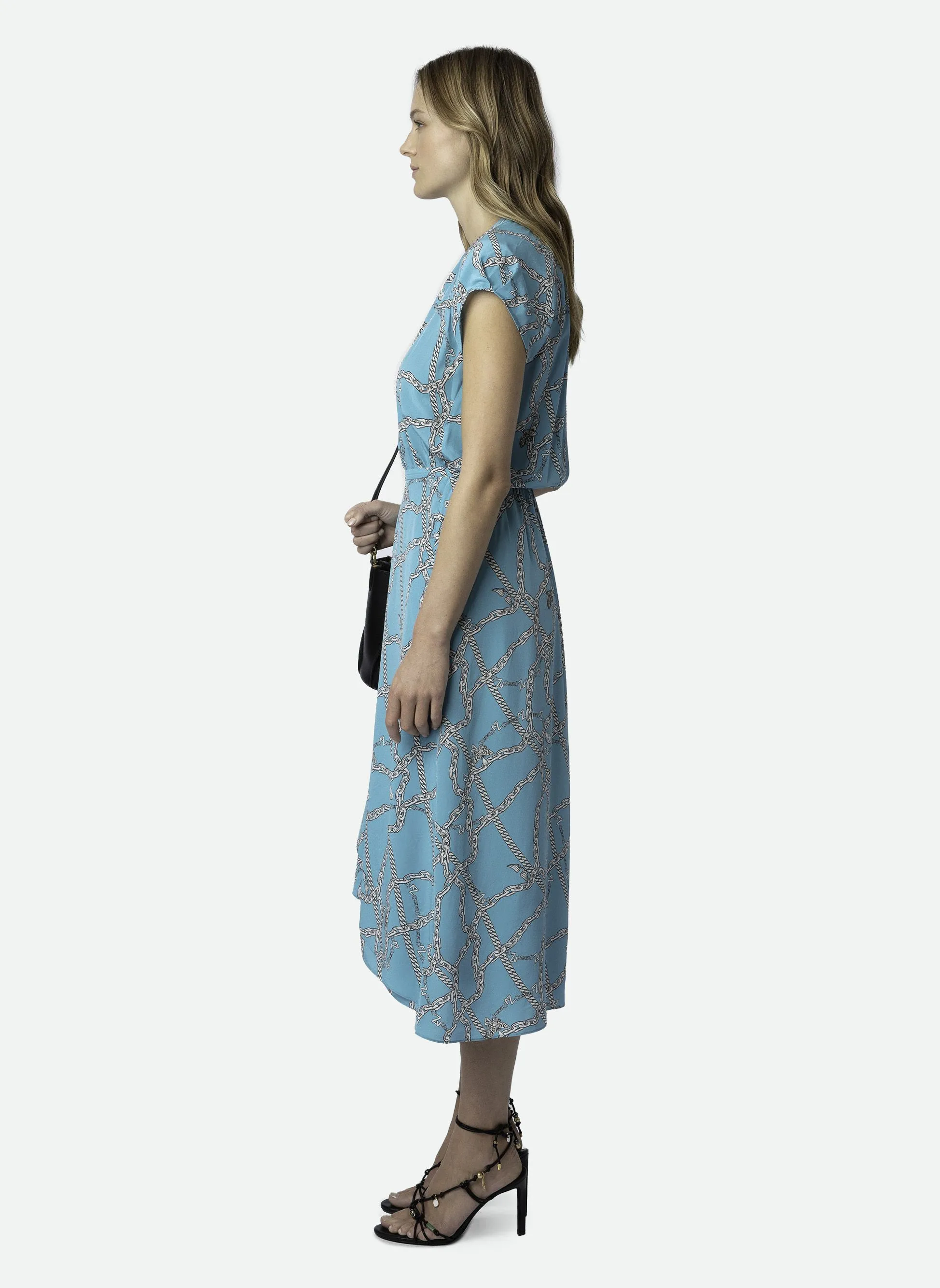 RANDALL - Vestido midi estampado con cuello en V de seda en azul