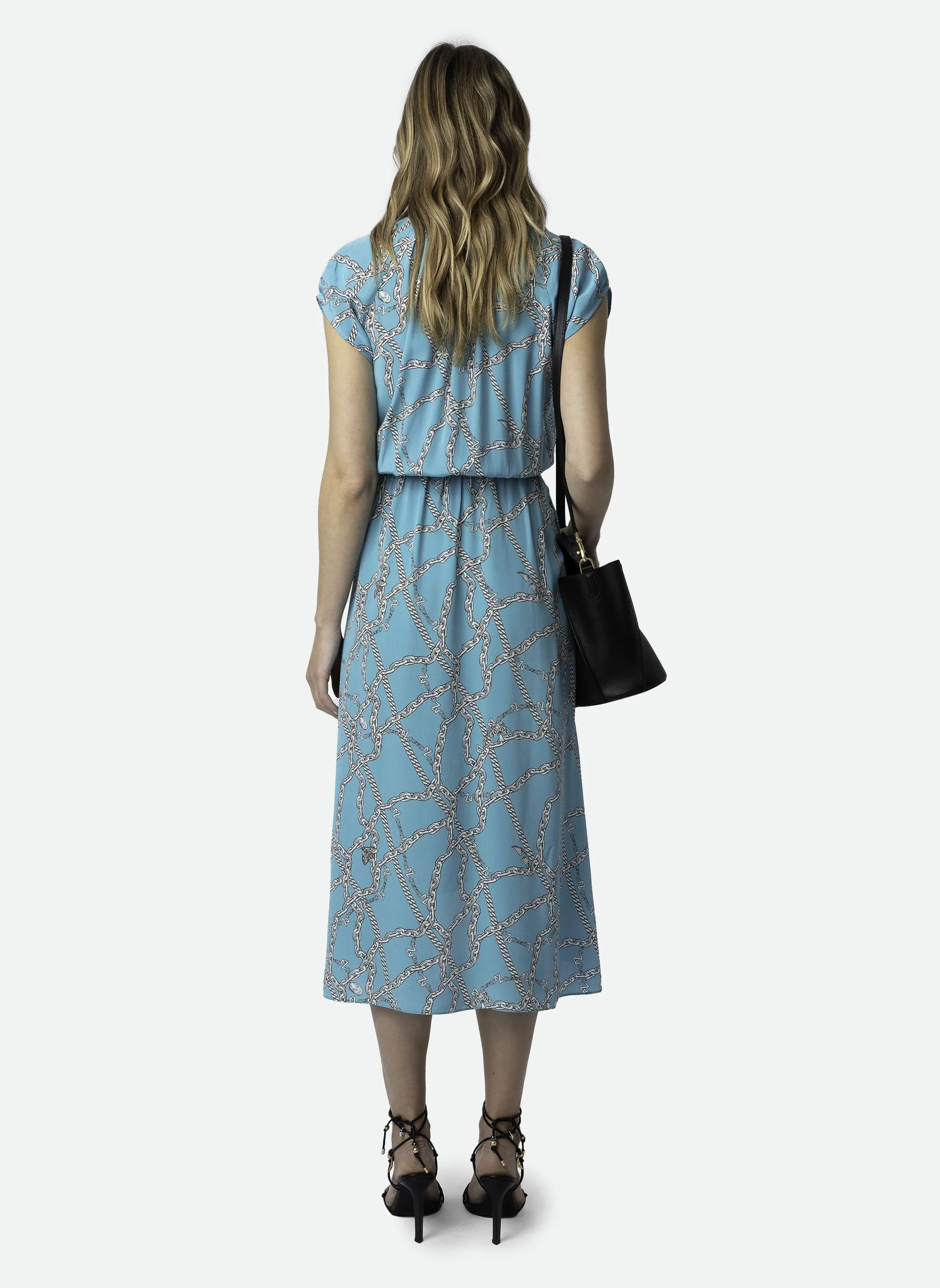 RANDALL - Vestido midi estampado con cuello en V de seda en azul