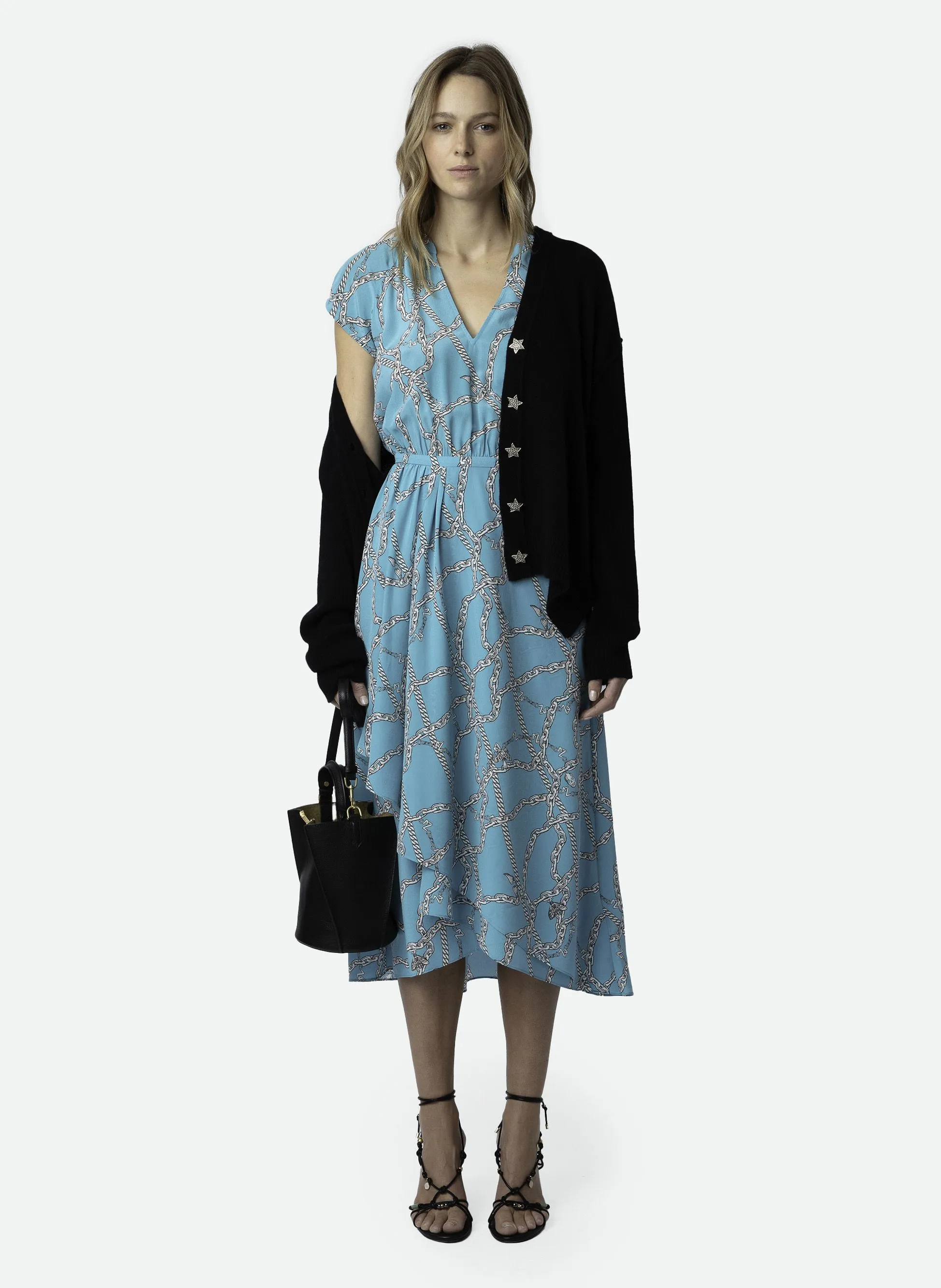 RANDALL - Vestido midi estampado con cuello en V de seda en azul