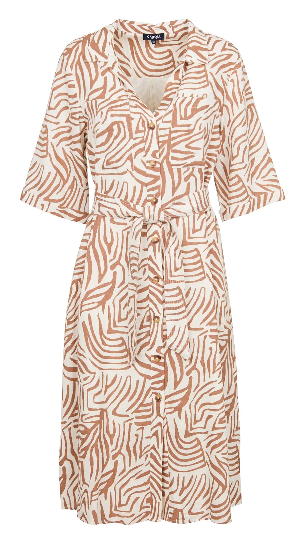 ROUANE - Vestido midi con cuello de camisa estampado en mezcla de lino en marron