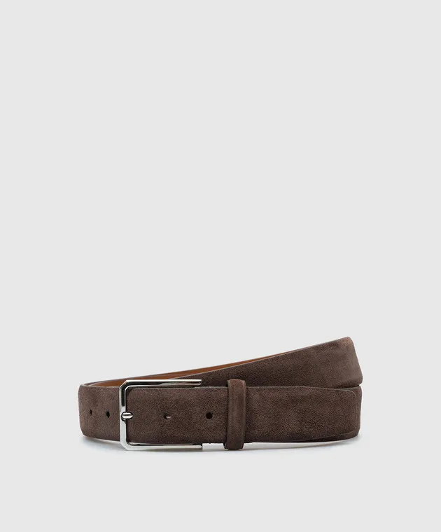 Santoni Brown suede belt with embossed logo