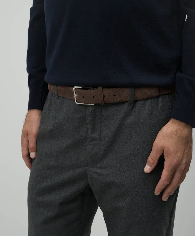 Santoni Brown suede belt with embossed logo