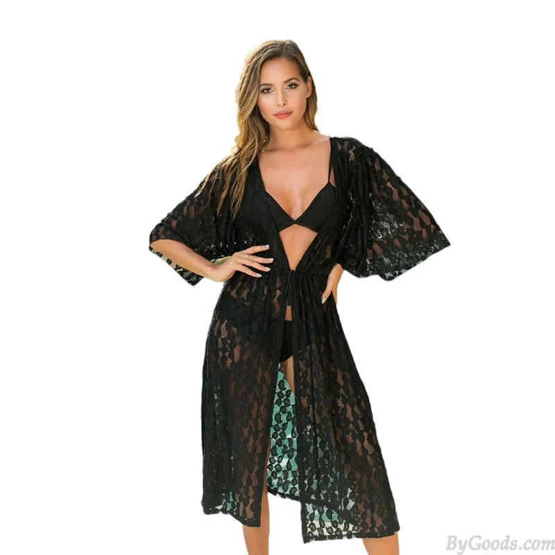 Sexy Beach Cover-up Lace Mesh Sun Protection Middle Sleeve Bikini Outerwear Cardigan Bathrobes Nightie Lingerie Robe