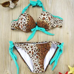 Sexy Leopard Bow Steel Ring Bikini Swimsuit