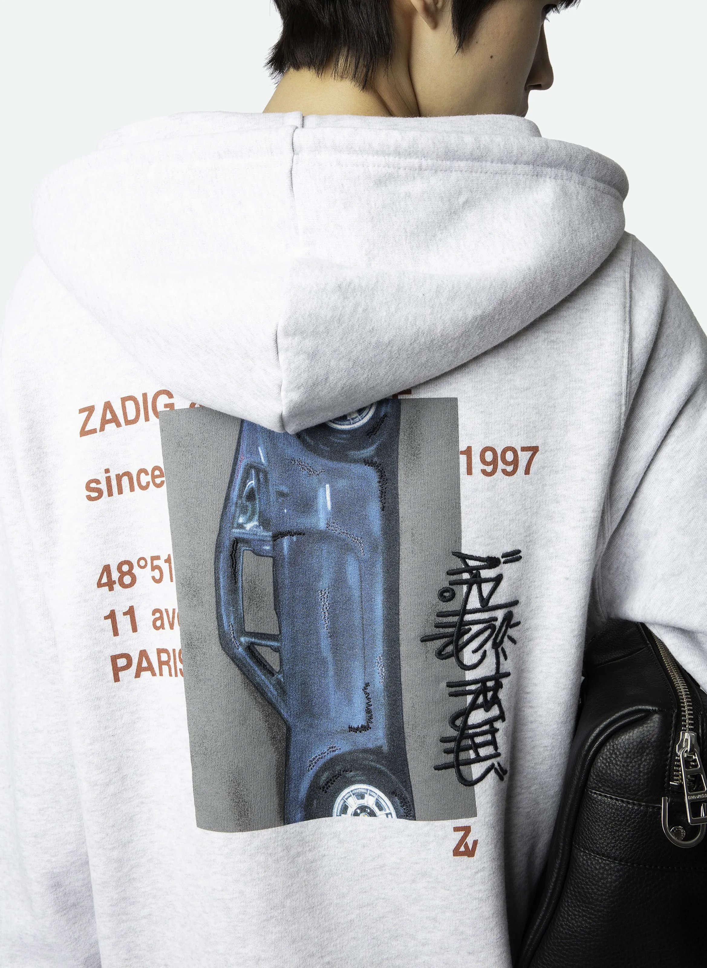 SODA - Sudadera con capucha recta de algodón orgánico mezclado serigrafiado en gris