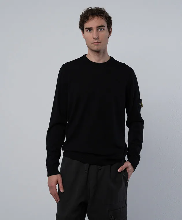 Stone Island Black wool jumper with logo patch