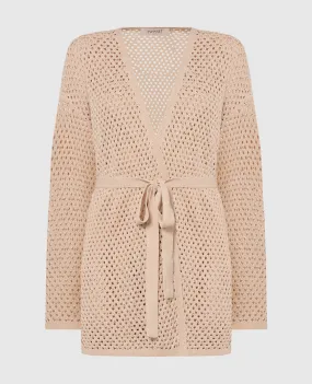 Twinset Beige openwork cardigan in linen with crystals