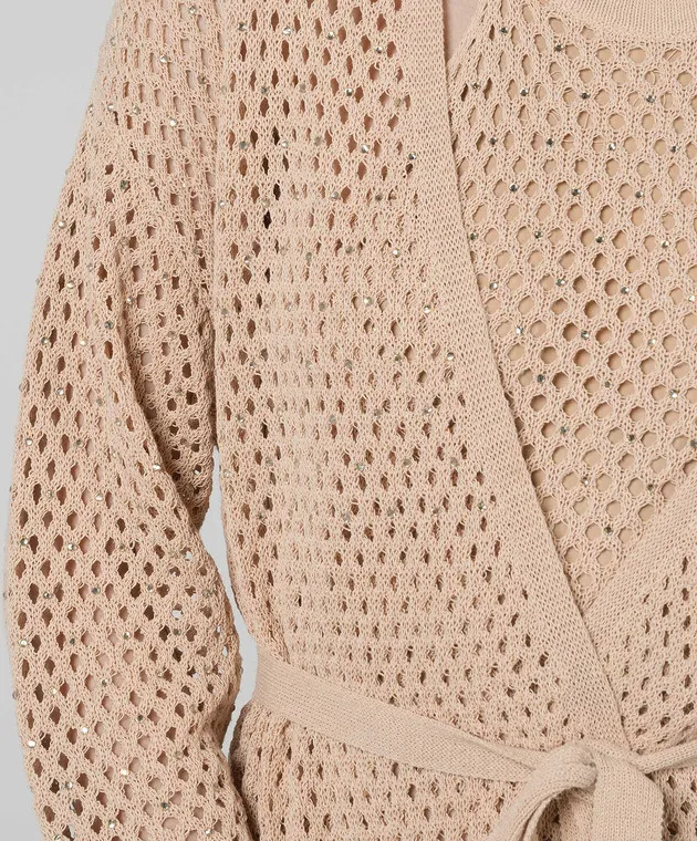 Twinset Beige openwork cardigan in linen with crystals