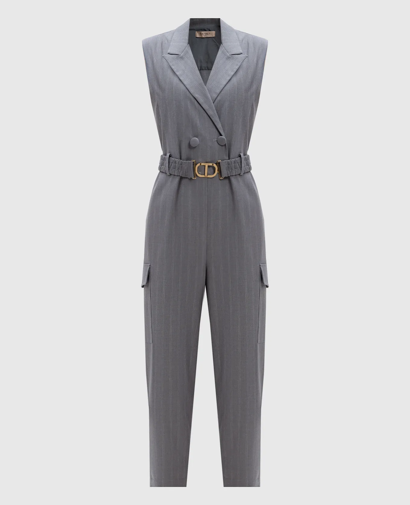 Twinset Gray double-breasted jumpsuit in a stripe with a logo