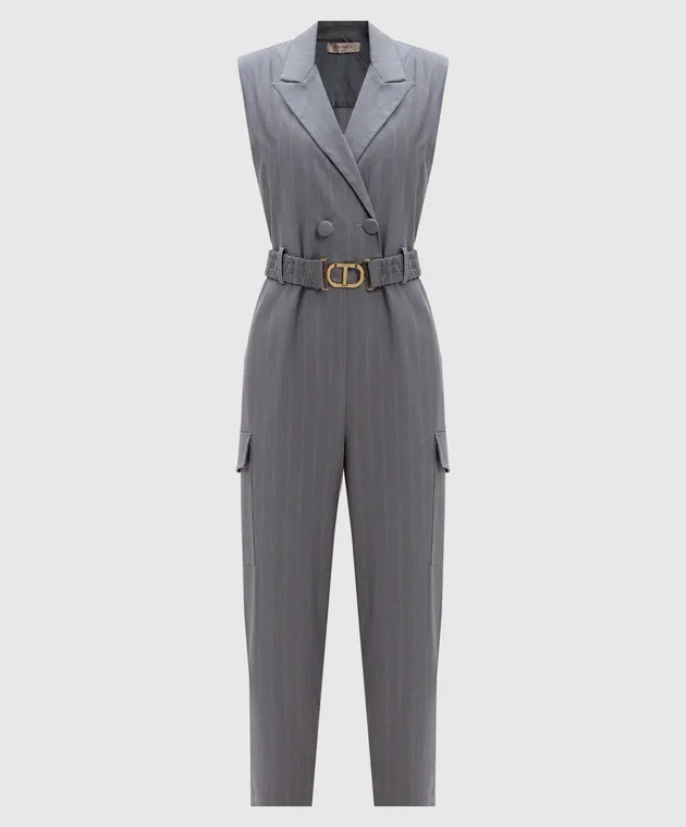 Twinset Gray double-breasted jumpsuit in a stripe with a logo