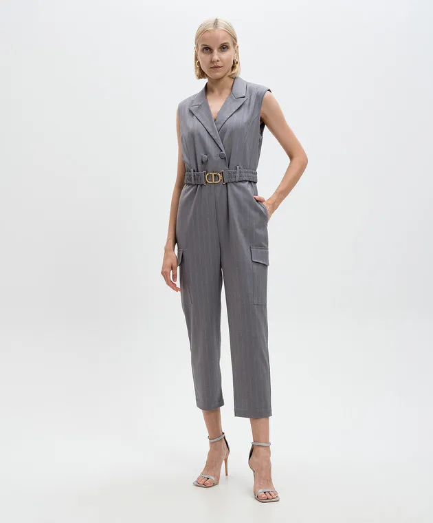 Twinset Gray double-breasted jumpsuit in a stripe with a logo