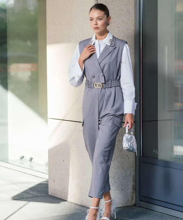 Twinset Gray double-breasted jumpsuit in a stripe with a logo