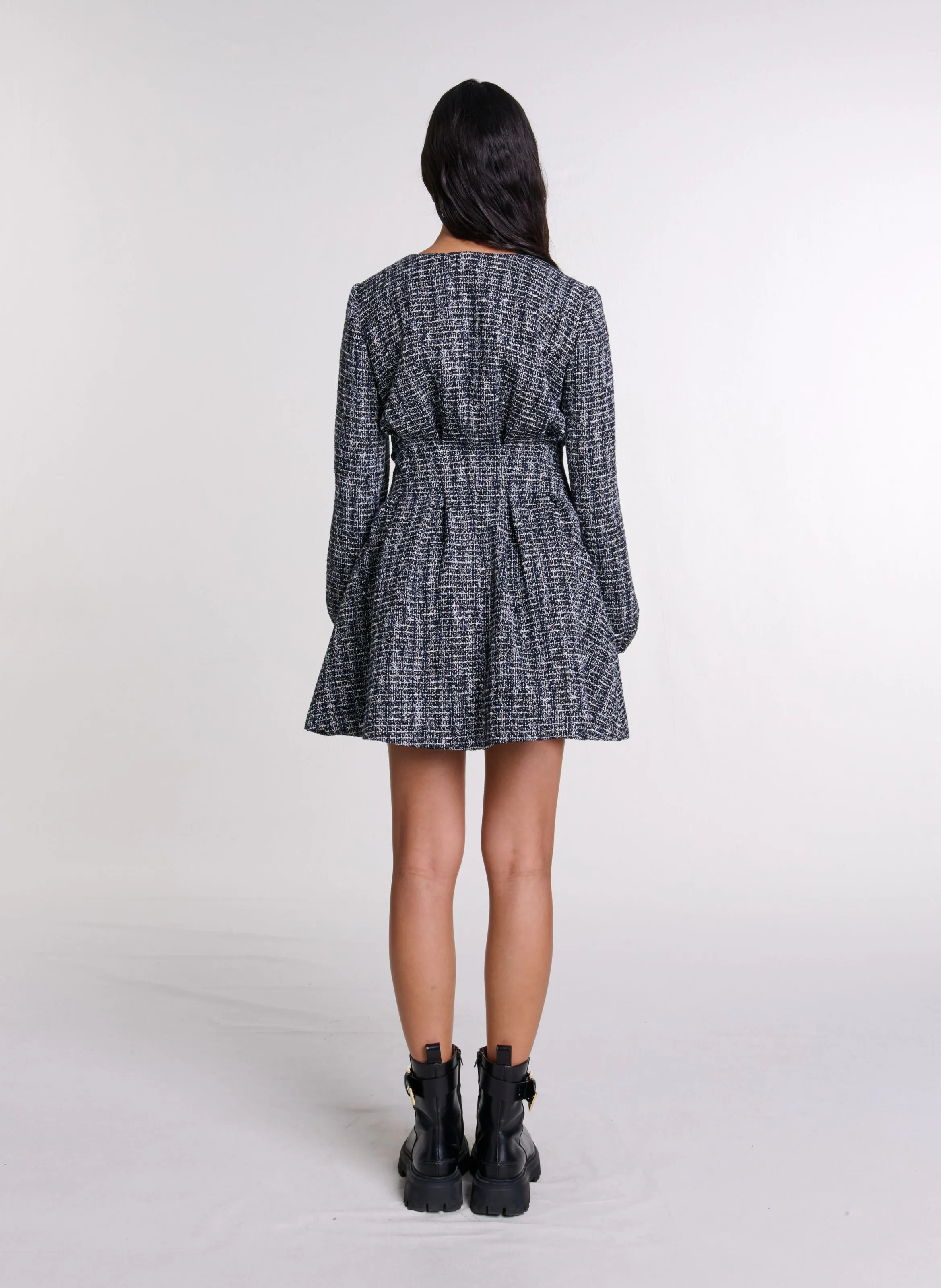 Vestido camisero corto de efecto tweed en negro