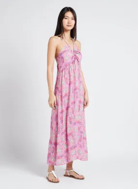 Vestido midi estampado con cuello de pico en rosa